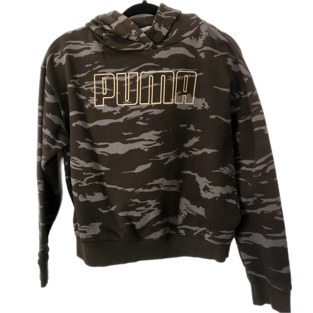 PUMA Cropped Hoodie Camo Womens‎ XS Sweatshirt Relaxed Fit Green Hooded